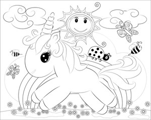 Coloring pages. Little cute pony and rainbow