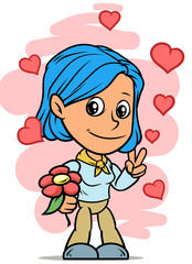 Cartoon girl character with red flower and hearts