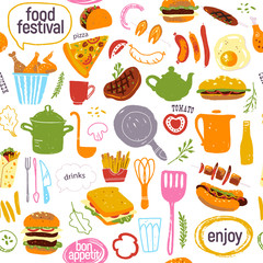 Vector seamless pattern with tasty street food festival illustration - burger, pizza, bbq, hot dog, chicken - isolated on white background. Hand drawn sketch style. Good for banner, menu cover package