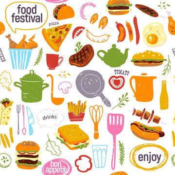 Vector Seamless Pattern With Tasty Street Food Festival Illustration - Burger, Pizza, Bbq, Hot Dog, Chicken - Isolated On White Background. Hand Drawn Sketch Style. Good For Banner, Menu Cover Package