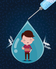 Drops of vaccine against germs. To the boy body Happy smile because of healthy body. vector cartoon