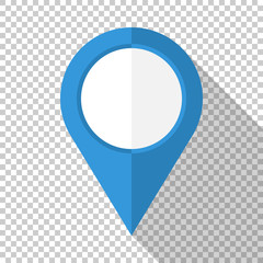 Map pointer icon in flat style with long shadow on transparent background
