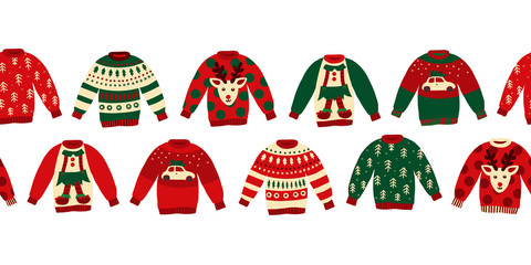 Ugly Christmas sweaters seamless vector border. Knitted winter jumpers with norwegian ornaments and decorations. Holiday design green, red, white for party invitation, banner, greeting cards, posters