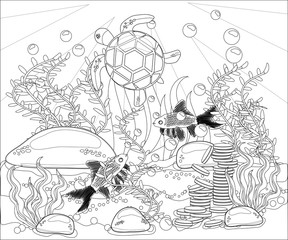 Underwater world. Anti stress coloring book for adult. Outline drawing coloring page. Black and white in zentangle style. Sea, shells. Marine theme.