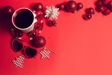 top view flatlay coffee cup mug and luxury season greeting merry christmas prop on red background