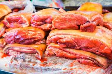 Fresh meat, red meat and raw meat are sold in the market.