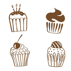 Vector illustrations of sweets. Set of different kinds of cupcakes decorated with candies, fruits and cream.