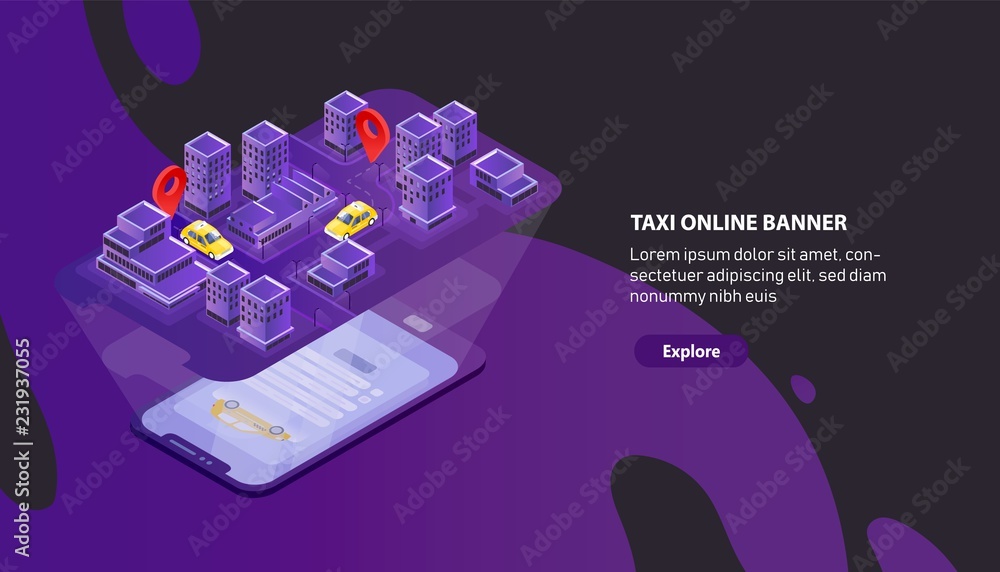 Poster Modern horizontal web banner template with smartphone projecting city map with taxi cars location indication. Isometric vector illustration for mobile application, online cabs booking service.