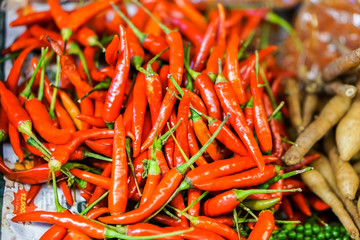 Close-up several red  peppers cook or hot peppers is a spicy vegetables, Organic ingredients for cooking of Mexican food.