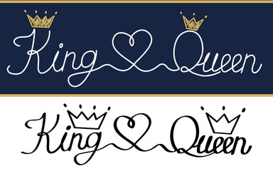 Queen and king. Black text logo royal crown and tiara. Doodle illustration, handwritten isolated on white background. T-shirt, cup, pillow, wedding invitation, canvas poster. Thin thread minimal style