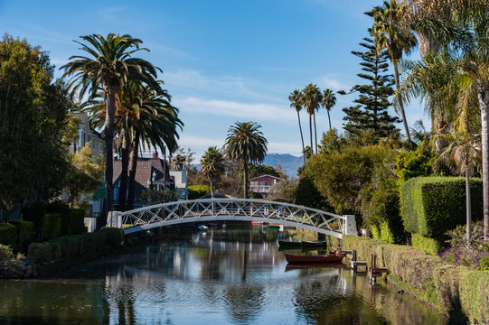 Beautiful sunshine day on the Venice Beach Canals neighbourhood near Los Angeles, California