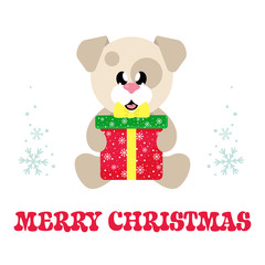 winter christmas dog sitting with christmas gift and christmas text