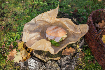 Ciabatta baguette sandwiches with ham, cheese and lettuce