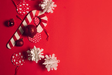 decor in season greeting merry christmas prop on red background