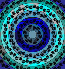 blue color image of circles consisting of lines, ornament and print of pets foot