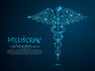 Caduceus health symbol. Low poly wireframe illustration style. Vector polygonal image in the form of a starry sky or space, consisting of points, lines, and shapes in the form of stars
