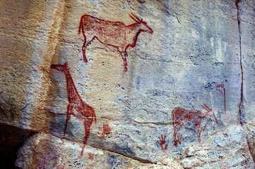 Rock Art Painting in Tsodilo Hills, Botswana. Paintings are attributed to the San People. The Tsodilo Hills are a UNESCO World Heritage Site - obrazy, fototapety, plakaty