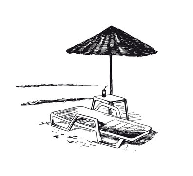 Beach view with chaise longue and parasol.