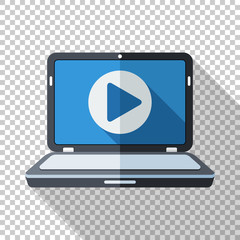 Laptop icon with play button on the screen in flat style and long shadow on transparent background