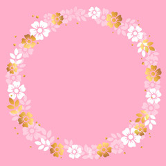 Decorative frame of white and golden flowers and leaves in form of circle on pink background for decoration, invitation or wedding, valentines day, valentine,lettering, text, advertising, flower shop