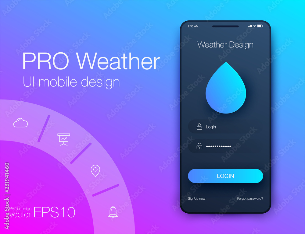 Poster weather forecast app ux ui design. stock vector