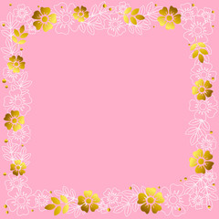 Decorative square frame of white and golden flowers and leaves on pink background for decoration, invitation or wedding, poster, valentines day, valentine, lettering or text, advertising, flower shop