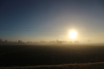 Fields in the fog on the sunset, Latvia