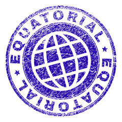 EQUATORIAL stamp imprint with distress texture. Blue vector rubber seal imprint of EQUATORIAL text with scratched texture. Seal has words arranged by circle and globe symbol.