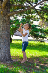 Girl in summer try to jump on tree