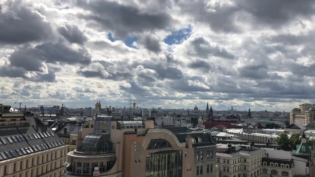 Rooftop view on Moscow Kremlin and many Orthodox churches and cathedrals towers from the view point on top of Detskiy Mir trading center