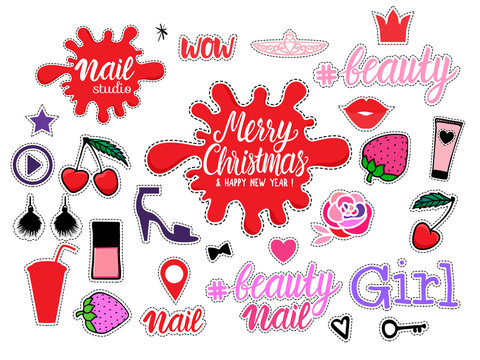 Big Set Fashion Girly Sign Illustrations. Merry Christmas. Vector Collection Trendy Color Hand Drawn Isolated On White Background. Beauty, Nail Beauty, Makeup, Accessories Studio Icon.