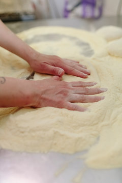 Female Pizza Chef Working In A Restaurant Kitchen. Small Busines