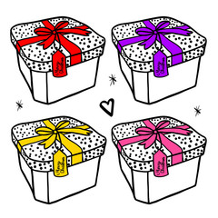 Set Fashion illustration of a gift box with a color bow. Merry Christmas banner for a female store. Vector illustration of a black hand drawing isolated on white background