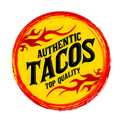 Tacos icon emblem, Grunge rubber stamp, spicy mexican style food