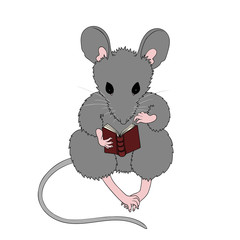 Seated baby mouse reading a book. 