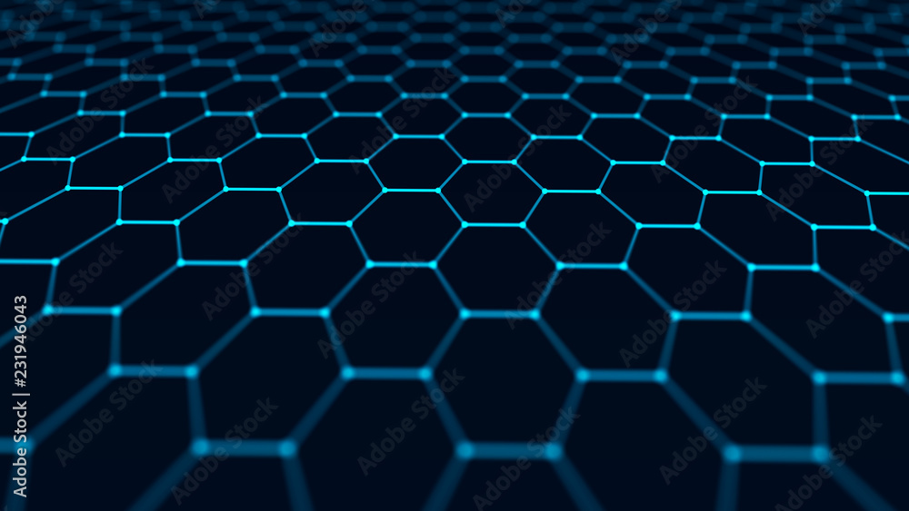 Poster Abstract technology background. Artificial intelligence. Futuristic hexagon perspective background. Big data visualization. 3D rendering.
