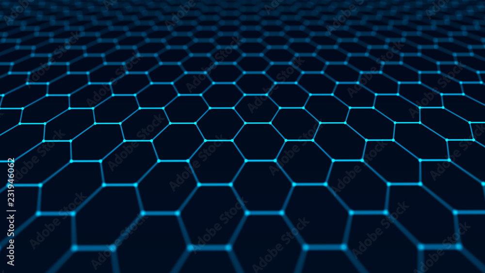 Aufkleber Abstract technology background. Artificial intelligence. Futuristic hexagon perspective background. Big data visualization. 3D rendering.