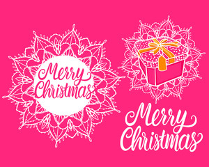 Lettering inscription card Vector Merry Chistmas. Gift Box Design Hand drawn white mandala illustration isolated on pink background.