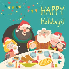 Vector cartoon Illustration from big family celebrating