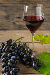 A glass of red wine near grapes on wooden rustic background