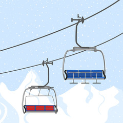 Ski resort vacation, ski lift. Winter outdoor holiday activity sport in alps, landscape with winter mountain view. Template for ski resort flyer advertising. Web banner background