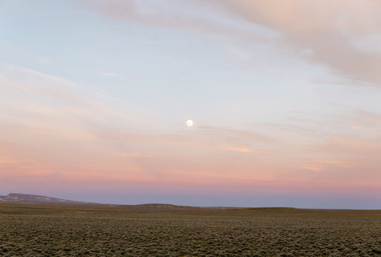 Country field prairie near mountains at sunset in western USA