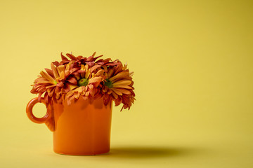 Orange and yellow mums fill an orange mug on a yellow background.