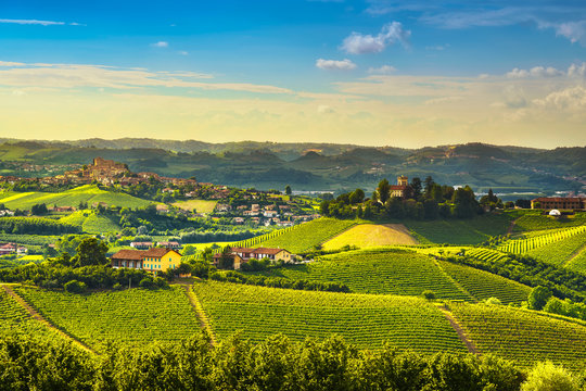 Langhe vineyards sunset panorama, Roddi village, Piedmont, Italy Europe.