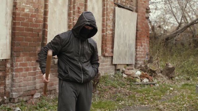 Street hooligan is holding twisting a baseball bat