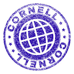 CORNELL stamp print with grunge texture. Blue vector rubber seal print of CORNELL label with scratched texture. Seal has words placed by circle and planet symbol.