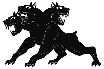 Obraz premium Zły trójgłowy pies Cerberus w pozie ataku. Na białym tle czarny rysunek na białym tle.