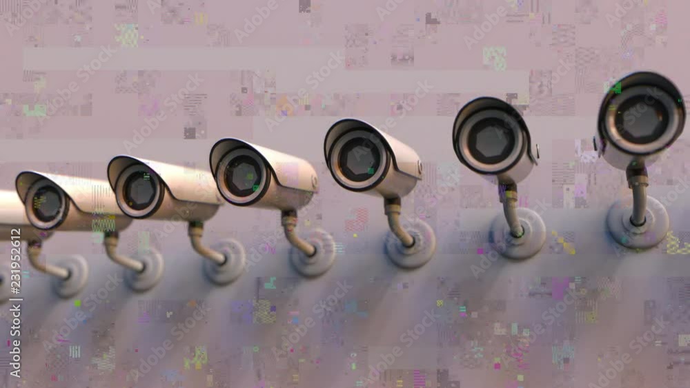 Poster glitch noise animation of cctv cameras. video surveillance problems related loopable motion backgrou