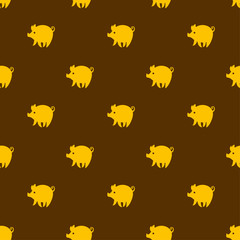 Yellow piglets on chocolate brown background. Funny cartoon pigs. Cute seamless pattern with yellow pig.