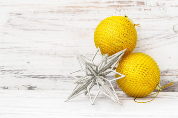Christmas toys on a white wooden background. New Year's background